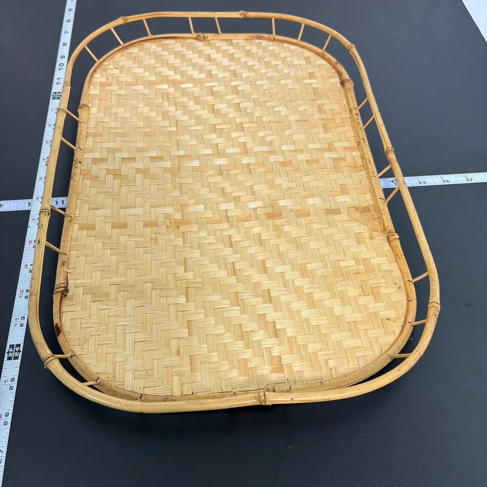 Vintage Bamboo Serving Trays Lot of 7 Tan Woven Rattan Boho Decor Tiki TV Lap